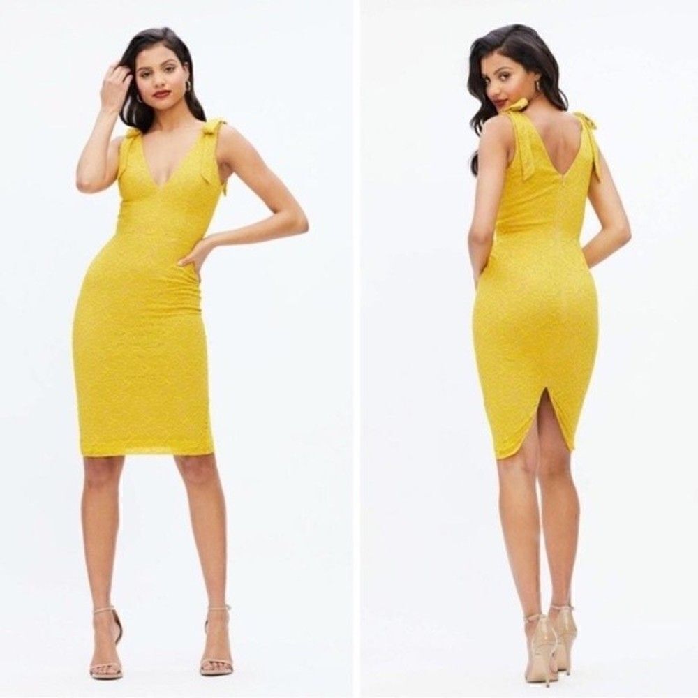New! Dress The Population Mary Canary Yellow Plunging V-Neck Mid Length Dress
